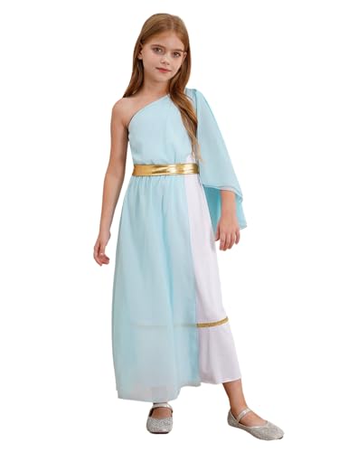 CHICTRY Griechische Göttin Kostüm Kinder Mädchen Römisches Kleid Ein Schulter Tunika Kleid Kleopatra Maxikleid Für Fashcing Karneval Mottoparty Hellblau 170 von CHICTRY