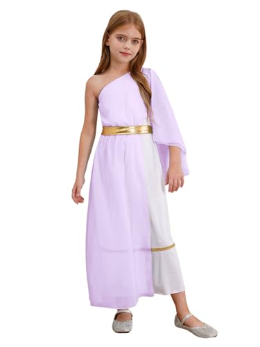 CHICTRY Griechische Göttin Kostüm Kinder Mädchen Römisches Kleid Ein Schulter Tunika Kleid Kleopatra Maxikleid Für Fashcing Karneval Mottoparty Lavendel 134-140 von CHICTRY