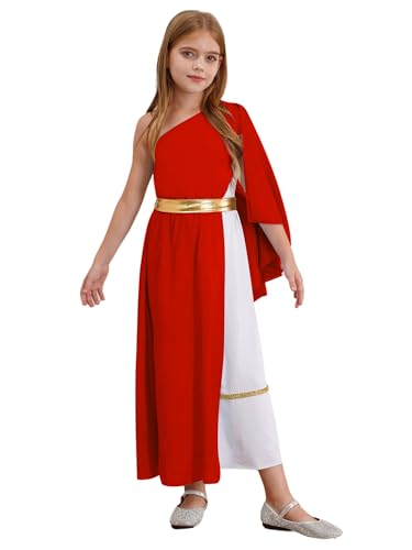 CHICTRY Griechische Göttin Kostüm Kinder Mädchen Römisches Kleid Ein Schulter Tunika Kleid Kleopatra Maxikleid Für Fashcing Karneval Mottoparty Rot 122-128 von CHICTRY