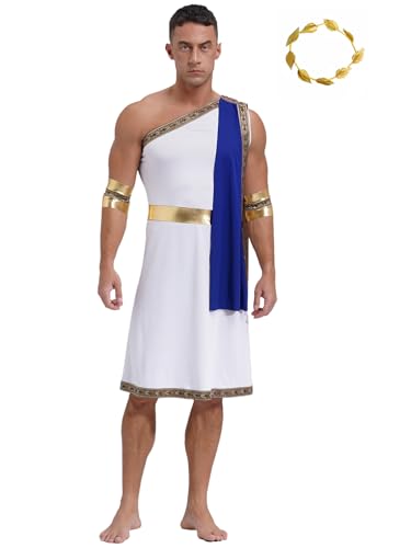 CHICTRY Griechischer Gott Kostüm Herren Römische Toga Kleid Ein Schulter Tunika Mit Metallic Stulpen Blatt Krone Kopfschmuck Gold Lorbeerkranz Stirnband Blau XXL von CHICTRY