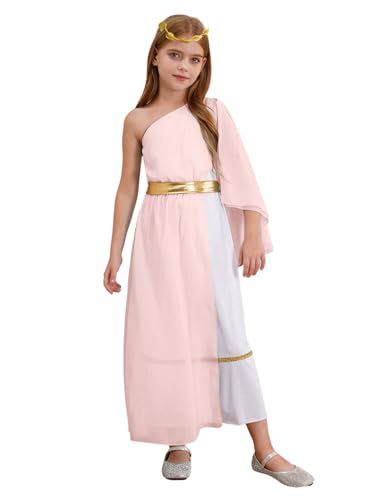 CHICTRY Griechisches Kleid Kinder Mädchen Ein Schulter Tunika Toga Kleid Griechische Göttin Athena Kostüm Mit Gold Lorbeerkranz Für Fasching Karneval Rosa 146-152 von CHICTRY