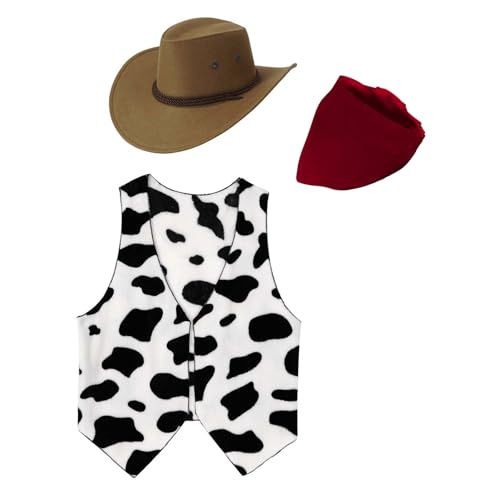 CHICTRY Halloween 3-teiliger Western Cowboy Kostüm Ärmellos Kuh gedruckt Weste Cowboy Hut Bandanna Fasching Karneval Verkleidung Rot&Kaffee XL von CHICTRY