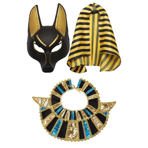 CHICTRY Halloween Ägypten Anubis-Kostüm Set Tier Wolfskopf Gesichtsmaske Kopftuch Halskragen Armmanschetten Gürtel Zepter Cosplay Karneval Fasching Typ A One Size von CHICTRY