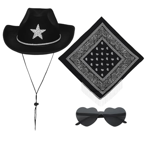 CHICTRY Halloween Cowboyhut mit herzförmiger Partybrille Strass Halstuch Set Western Cowgirl-Hut Kostüm Mottoparty Karneval Fasching Schwarz One Size von CHICTRY