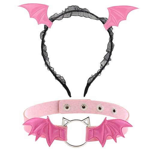 CHICTRY Halloween Dämon Kostüm Set Fledermaus Flügel Stirnband mit Batwing Choker Halloween Devil Cosplay Requisiten Kostüm Zubehör Rosa One Size von CHICTRY