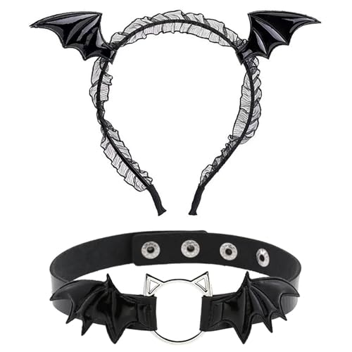 CHICTRY Halloween Dämon Kostüm Set Fledermaus Flügel Stirnband mit Batwing Choker Halloween Devil Cosplay Requisiten Kostüm Zubehör Schwarz One Size von CHICTRY