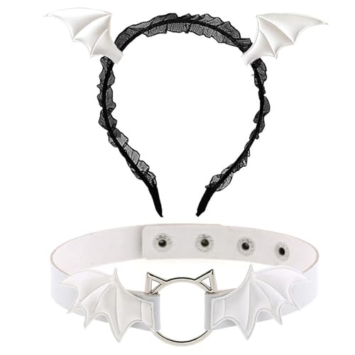 CHICTRY Halloween Dämon Kostüm Set Fledermaus Flügel Stirnband mit Batwing Choker Halloween Devil Cosplay Requisiten Kostüm Zubehör Weiß One Size von CHICTRY