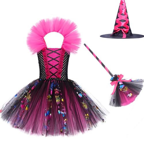 CHICTRY Halloween Hexen Kostüm Kinder Mädchen Vampir Kleid Ärmellos Spinne Tüllkleid Tutu Mit Hexenhut Und Besen Cosplay Verkleidung Knalliges Rosa 122-128 von CHICTRY