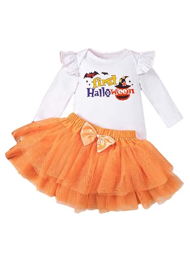 CHICTRY Halloween Kostüm Baby Mädchen Langarm Strampler Mit Rüschen Tüllrock 2tlg Mein 1. Halloween Kürbis Outfits Für 0-18 Monate Orange 50-56 von CHICTRY