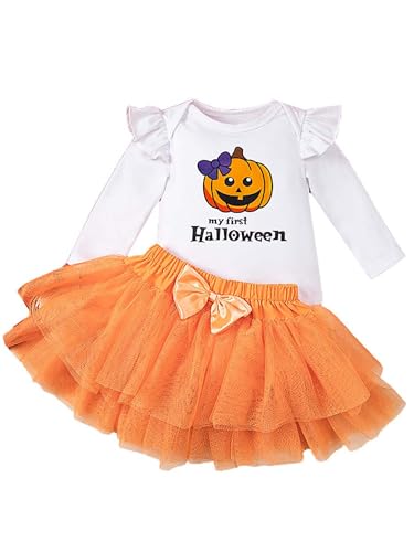 CHICTRY Halloween Kostüm Baby Mädchen Langarm Strampler Mit Rüschen Tüllrock 2tlg Mein 1. Halloween Kürbis Outfits Für 0-18 Monate Orangefarbener Kürbis 50-56 von CHICTRY