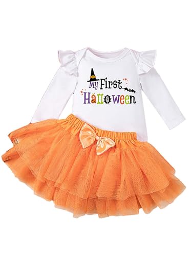 CHICTRY Halloween Kostüm Baby Mädchen Langarm Strampler Mit Rüschen Tüllrock 2tlg Mein 1. Halloween Kürbis Outfits Für 0-18 Monate Weiß Orange 50-56 von CHICTRY