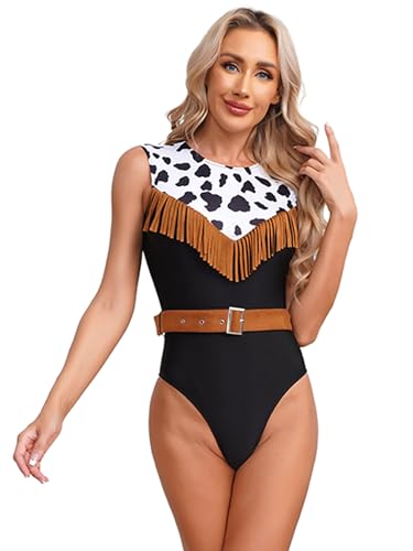 CHICTRY Halloween Kostüm Damen Cowgirl Body Ärmellos Overall Kurz Jumpsuit Kuhmuster Fransen Catsuit Mit Gürtel Indianerin Kostüm Outfits Braun S von CHICTRY