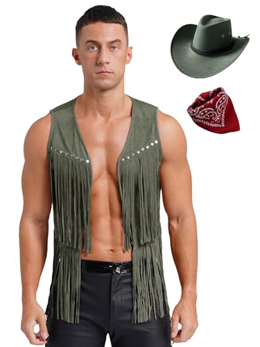 CHICTRY Herren Cowboy Hippie Kostüm Ärmellos Wildleder Weste Fransen Quasten Lederjacke Mit Cowboyhut Bandana Kopftuch Indien Festival 60er Jahre Outfit Armeegrün M von CHICTRY