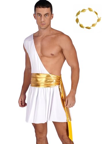 CHICTRY Herren Griechischer Gott Kostüm Schräg Träger toga kleid Fasching Karneval Caesar Römer Kostüm Mit Lorbeerkranz Haarspange Weiß 3XL von CHICTRY