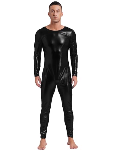 CHICTRY Herren Metallic Body Ganzkörper Overall Langarm Jumpsuit Glänzend Ganzkörperanzug Fasching Karneval Mottoparty Verkleidung Schwarz XL von CHICTRY