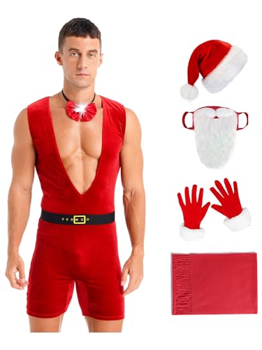 CHICTRY Herren Nikolaus Kostüm Ärmellos Weihnachts Overall Samt Bodysuit Mit Fellbesatz Weihnachtshut Bart Handschuhe Schal 5tlg Outfit Rot A 3XL von CHICTRY