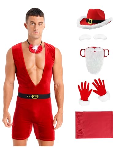 CHICTRY Herren Nikolaus Kostüm Ärmellos Weihnachts Overall Samt Bodysuit Mit Fellbesatz Weihnachtshut Bart Handschuhe Schal 5tlg Outfit Rot B 3XL von CHICTRY