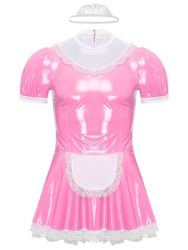 CHICTRY Herren Sissy Dienstmädchen Kostüm Wetlook Leder Kleid Kurzarm Blumenspitze Saum Partykleid Mit Spitze Haarband Cosplay Verkleidung Rosa XXL von CHICTRY