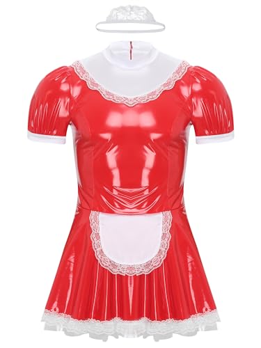 CHICTRY Herren Sissy Dienstmädchen Kostüm Wetlook Leder Kleid Kurzarm Blumenspitze Saum Partykleid Mit Spitze Haarband Cosplay Verkleidung Rot 5XL von CHICTRY