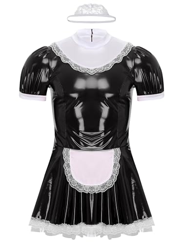 CHICTRY Herren Sissy Dienstmädchen Kostüm Wetlook Leder Kleid Kurzarm Blumenspitze Saum Partykleid Mit Spitze Haarband Cosplay Verkleidung Schwarz XXL von CHICTRY