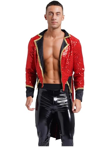 CHICTRY Herren Zirkus Kostüm Pailletten Glitzer Frack Jacke Langarm Steampunk Mantel Fasching Karneval Halloween Ringmaster Uniform Festival Outfit Rot 3XL von CHICTRY