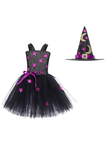 CHICTRY Hexen Kostüm Kinder Mädchen Witch Kleid Ärmellos Partykleid Festlich Tutu Glitzer Sterne Ballkleid Mit/Ohne Mond Hexenhut Kinderkostüm Schwarz Lila 92-98 von CHICTRY