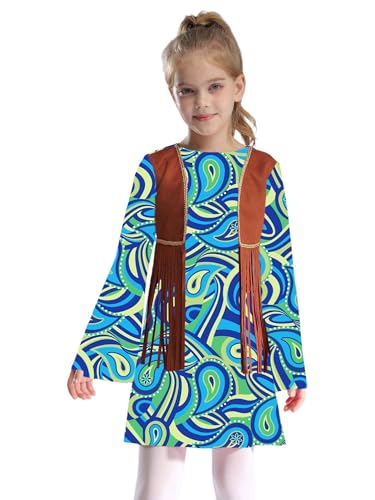 CHICTRY Hippie Kostüm Kinder Mädchen 60er 70er Jahre Kleider Langarm Blumenmuster Partykleid Mit Fransen Quaste Weste Westernweste Disco Party Outfit Grün 146-152 von CHICTRY