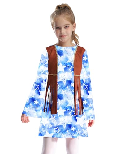 CHICTRY Hippie Kostüm Kinder Mädchen 60er 70er Jahre Kleider Langarm Blumenmuster Partykleid Mit Fransen Quaste Weste Westernweste Disco Party Outfit Hellblau 158-164 von CHICTRY