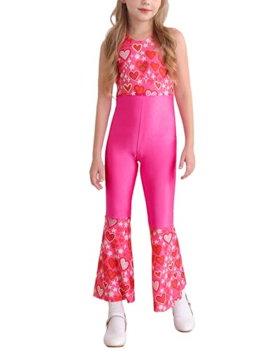 CHICTRY Hippie Kostüm Kinder Mädchen Ganzkörper Overall Ärmellos Jumpsuit Neckholder Tanz Shirt Motiv Oberteil High Waist Schlaghose Tanzhose Dancewear Rosa 146-152 von CHICTRY