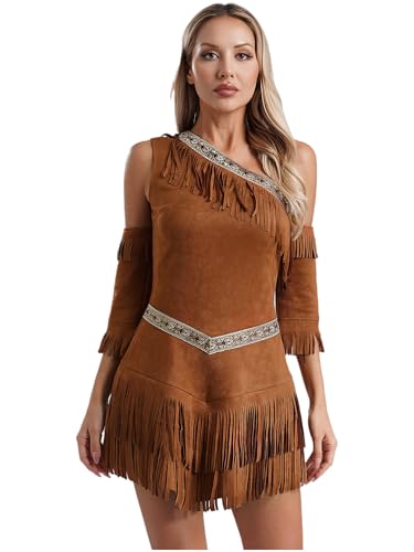 CHICTRY Indianer Kostüm Damen Fransenkleid EIN Schulter Quasten Kleid Braun Wildleder Kleid Mit Ärmel 60er 70er Jahre Hippie Kostüm Braun 3XL von CHICTRY