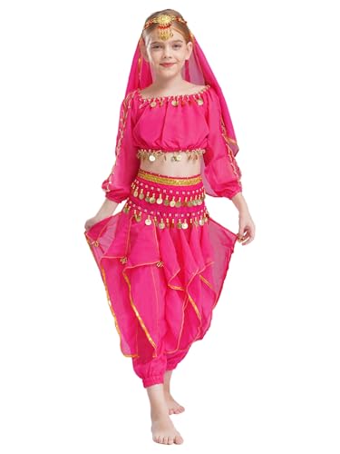 CHICTRY Indische Kleidung Bollywood Outfit Kinder Mädchen Pailletten Tanz Top Rüschen Haremshose Mit Münzen Tuch Kopftuch Halloween Karneval Kostüm Hot Pink 128-140 von CHICTRY