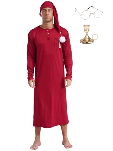 CHICTRY Kaftan Herren Lang Thobe Langarm Bademantel Muslim Abaya Gewand Robe Mit Schlafmütze Brille Kerzenhalter Für Fasching Karneval Mottoparty Burgundy L von CHICTRY