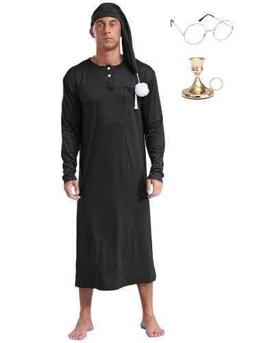 CHICTRY Kaftan Herren Lang Thobe Langarm Bademantel Muslim Abaya Gewand Robe Mit Schlafmütze Brille Kerzenhalter Für Fasching Karneval Mottoparty Schwarz L von CHICTRY