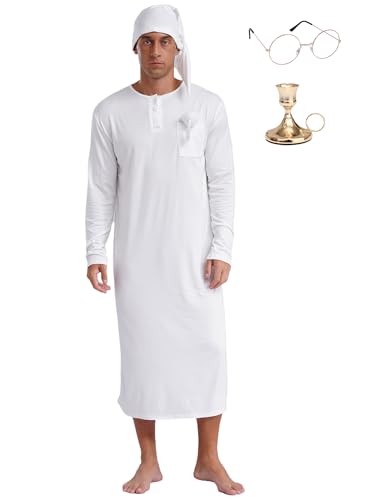 CHICTRY Kaftan Herren Lang Thobe Langarm Bademantel Muslim Abaya Gewand Robe Mit Schlafmütze Brille Kerzenhalter Für Fasching Karneval Mottoparty Weiß L von CHICTRY