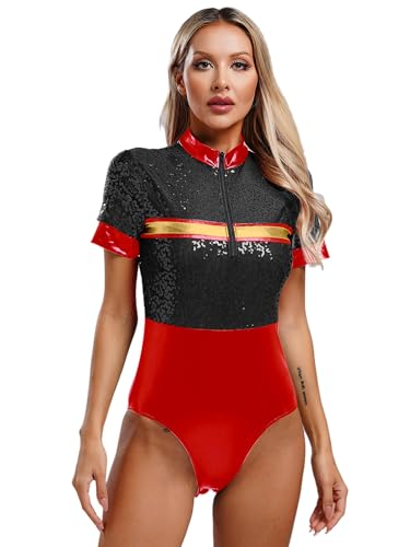 CHICTRY Karneval Kostüm Damen Feuerwehr Overall Kurzarm Jumpsuit Pailletten Glitzer Body Stehkragen Trikot Mit Reflektierende Streifen Gr. S-3XL Schwarz 3XL von CHICTRY