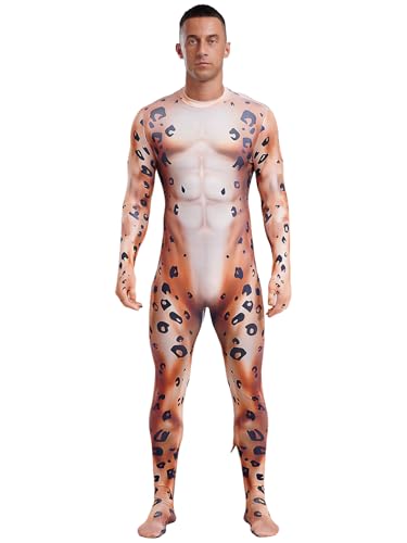 CHICTRY Karneval Kostüm Herren Anzug Tier 3d Motiv Overall Langarm Ganzkörper Jumpsuit Mit Schwanz Kuh Leoparden Tiger Cosplay Outfit Typ F XL von CHICTRY