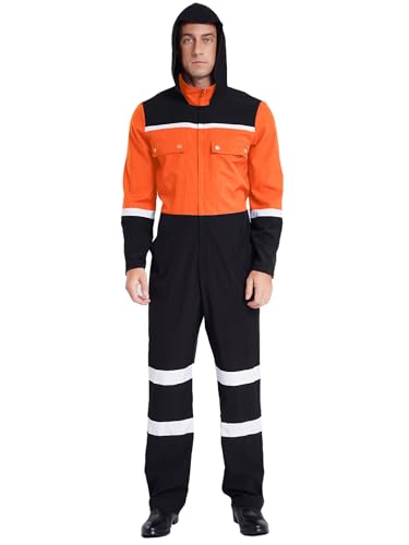 CHICTRY Karneval Kostüm Herren Feuerwehr Anzug Langarm Warnschutz Overall Farbblock Patchwork Jumpsuit Mit Kapuze Cosplay Verkleidung Orange 4XL von CHICTRY