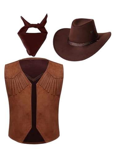 CHICTRY Karneval Kostüm Kinder Jungen Mädchen Cowboy Weste Wildleder Fransenweste Mit Westernhut Bandana Kopftuch Indianer Outfit Mottoparty Braun 146-152 von CHICTRY