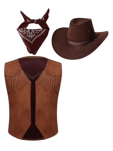 CHICTRY Karneval Kostüm Kinder Jungen Mädchen Cowboy Weste Wildleder Fransenweste Mit Westernhut Bandana Kopftuch Indianer Outfit Mottoparty Braun 146-152 von CHICTRY