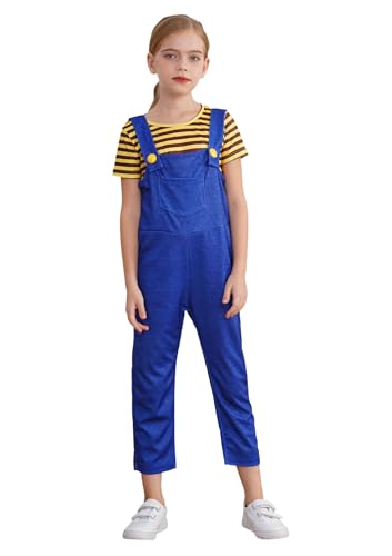 CHICTRY Karneval Kostüm Kinder Minion Gelbes Top Kurzarm Shirt Blaue Latzhose Overall Fasching Fastnacht Mottoparty Cosplay Outfit Gelbe Streifen 134-140 von CHICTRY