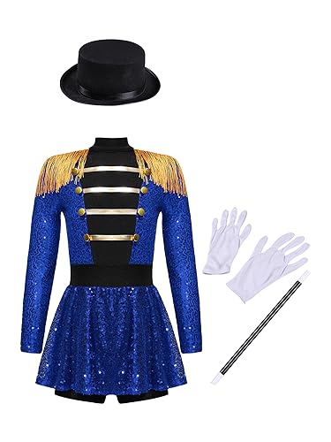 CHICTRY Karneval Zirkus Kostüm Mädchen Zauberer Outfit Glitzer Langarm Pailletten Kleid Patchwork Tanztrikot Mit Hut Handschuhe Und Zauberstab Kinderkostüm BB_Blau 146-152 von CHICTRY