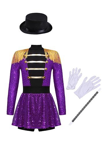 CHICTRY Karneval Zirkus Kostüm Mädchen Zauberer Outfit Glitzer Langarm Pailletten Kleid Patchwork Tanztrikot Mit Hut Handschuhe Und Zauberstab Kinderkostüm BB_Violett 110-116 von CHICTRY