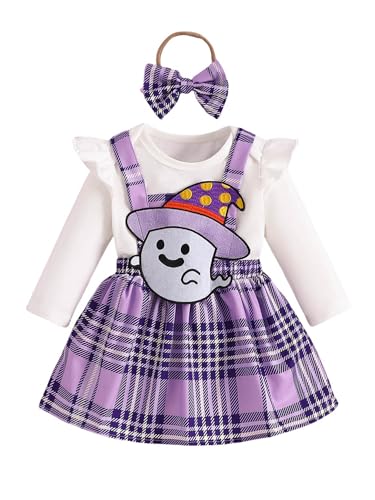 CHICTRY Kinder Baby Mädchen Halloween Bekleidungsset Langarm Rüschen Strampler Baumwolle Romper Mit Cartoon Geister Strapsrock A Linien Minirock Outfits Lila 50-56 von CHICTRY