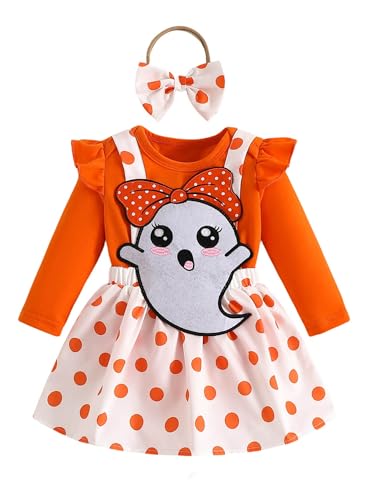 CHICTRY Kinder Baby Mädchen Halloween Bekleidungsset Langarm Rüschen Strampler Baumwolle Romper Mit Cartoon Geister Strapsrock A Linien Minirock Outfits Orange 50-56 von CHICTRY