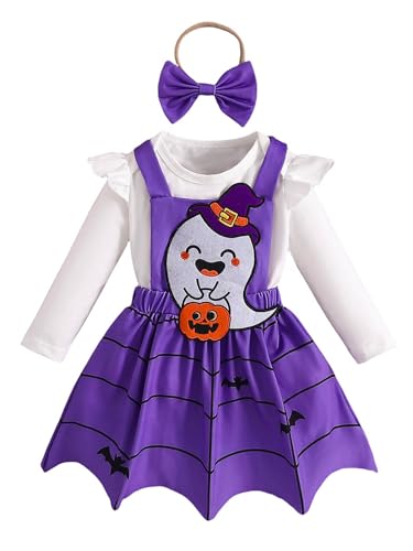 CHICTRY Kinder Baby Mädchen Halloween Bekleidungsset Langarm Rüschen Strampler Baumwolle Romper Mit Cartoon Geister Strapsrock A Linien Minirock Outfits Violett 50-56 von CHICTRY