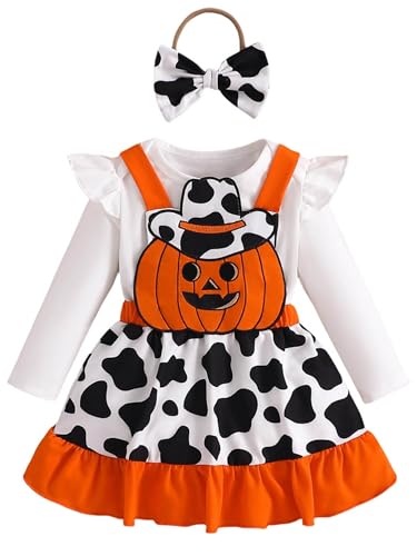 CHICTRY Kinder Baby Mädchen Halloween Bekleidungsset Langarm Rüschen Strampler Baumwolle Romper Mit Cartoon Geister Strapsrock A Linien Minirock Outfits Weiß 50-56 von CHICTRY