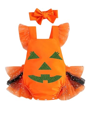 CHICTRY Kinder Baby Mädchen Halloween Kostüm Fliegenärmel Strampler Kleid Kürbisgesicht Romper Glitzer Tüll Saum Bodysuit Mit Stirnband Outfits Orange 62-68 von CHICTRY