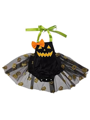 CHICTRY Kinder Baby Mädchen Kürbis Strampler Kleid Neckholder Romper Ärmellos Baumwolle Body Mit Kürbis Tüllrock Tutu Festlich Halloween Kostüm Schwarz 50-56 von CHICTRY