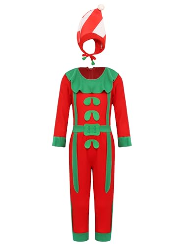 CHICTRY Kinder Junge Mädchen Weihnachtskostüm Langarm Weihnachts Overall Rüschen Jumpsuit Lang Strampler Mit Streifen Nikolausmütze Outfit Rot 110-116 von CHICTRY