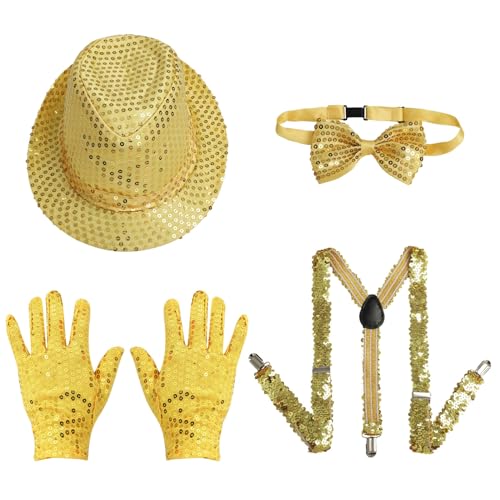 CHICTRY Kinder Junge Tanz Jazz Performance Kostüm Paillette Hosenträger Jazz Hut Handschuhe Krawatte Fliege Set Cosplay Performance Requisite Typ A Gold One Size von CHICTRY